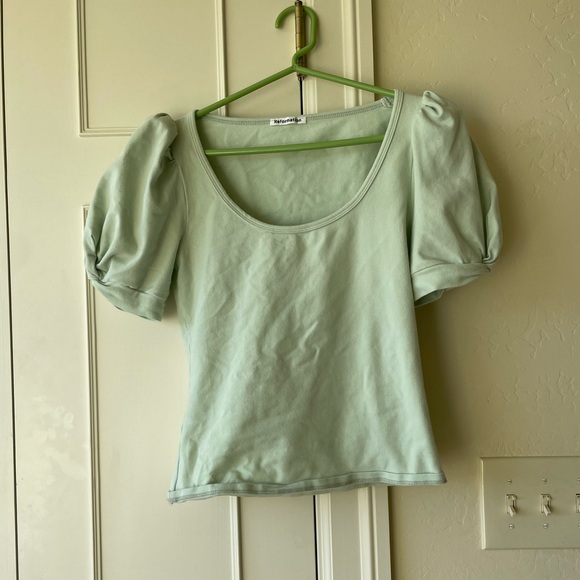 Reformation Frances Knit Top Pistachio Green in SMALL Puff Sleeves Scoop Neck - Picture 5 of 9